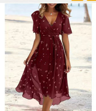 Floral V-Neck A-Line Midi Dress – Lightweight Polyester