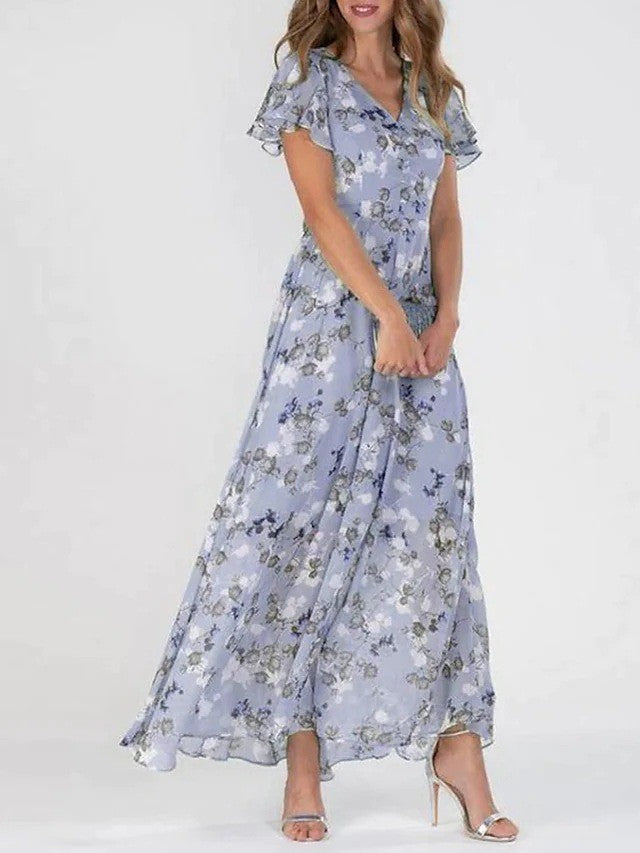 Floral V-Neck Ruffle A-Line Midi Summer Dress
