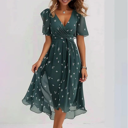 Floral V-Neck A-Line Midi Dress – Lightweight Polyester