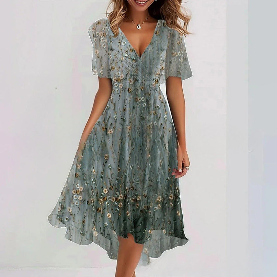 Floral V-Neck A-Line Midi Dress – Lightweight Polyester