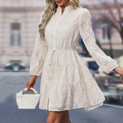 Lace Tie Long Sleeve A-Line Short Dress for Women