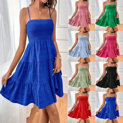 Square Neck Pleated A-Line Summer Dress for Women