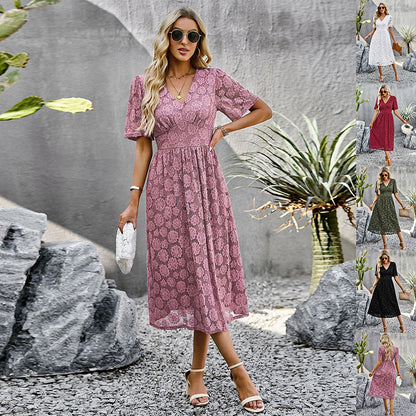 Elegant V-Neck Lace Floral Midi Dress for Women