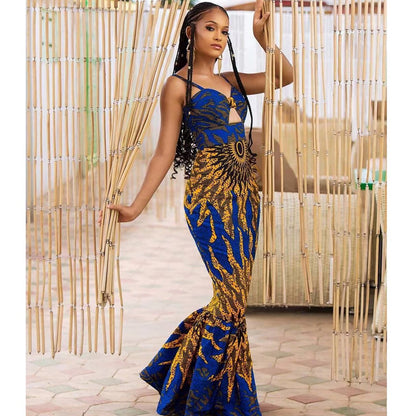 Digital Print Fishtail Sling Maxi Dress for Women
