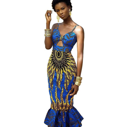 Digital Print Fishtail Sling Maxi Dress for Women