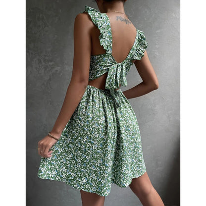 Square Neck Ruffle Backless Summer Dress