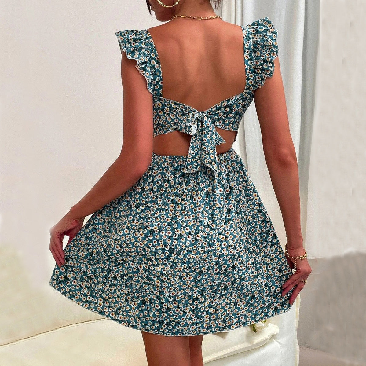 Square Neck Ruffle Backless Summer Dress
