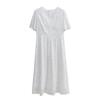 Elegant V-Neck Lace Floral Midi Dress for Women