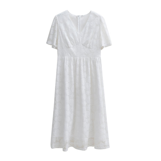 Elegant V-Neck Lace Floral Midi Dress for Women