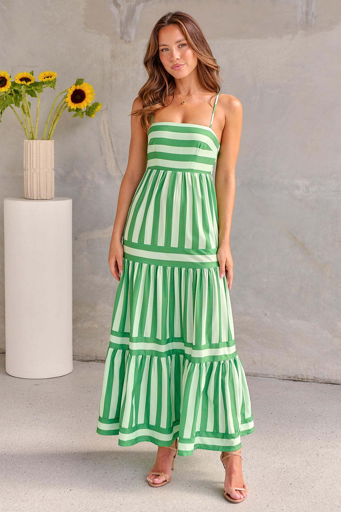 Striped Square Neck Backless Maxi Dress