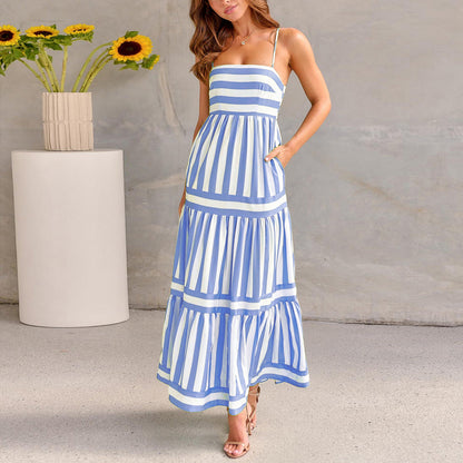 Striped Square Neck Backless Maxi Dress