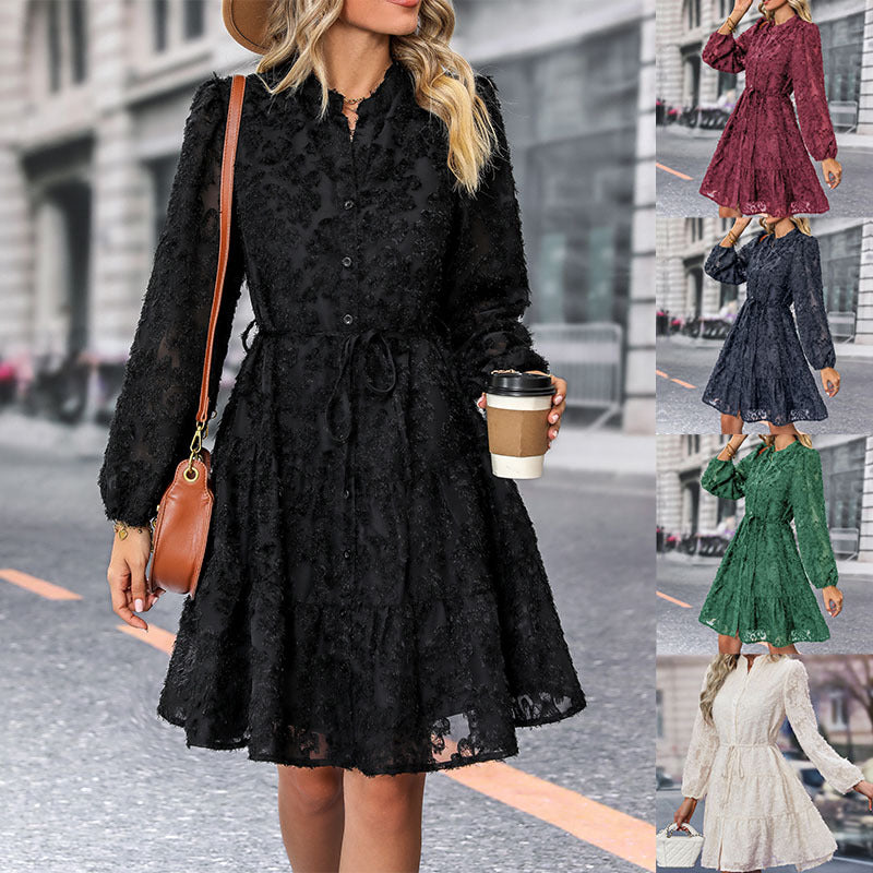 Lace Tie Long Sleeve A-Line Short Dress for Women