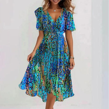 Floral V-Neck A-Line Midi Dress – Lightweight Polyester