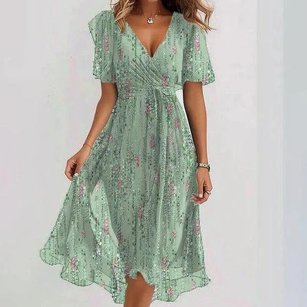 Floral V-Neck A-Line Midi Dress – Lightweight Polyester