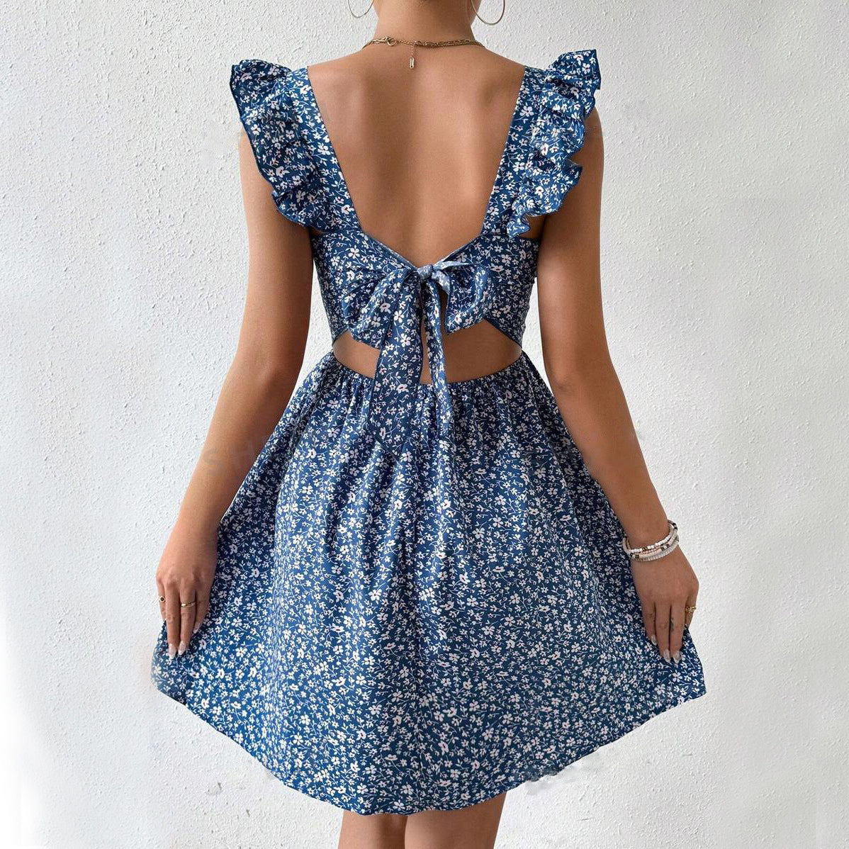 Square Neck Ruffle Backless Summer Dress