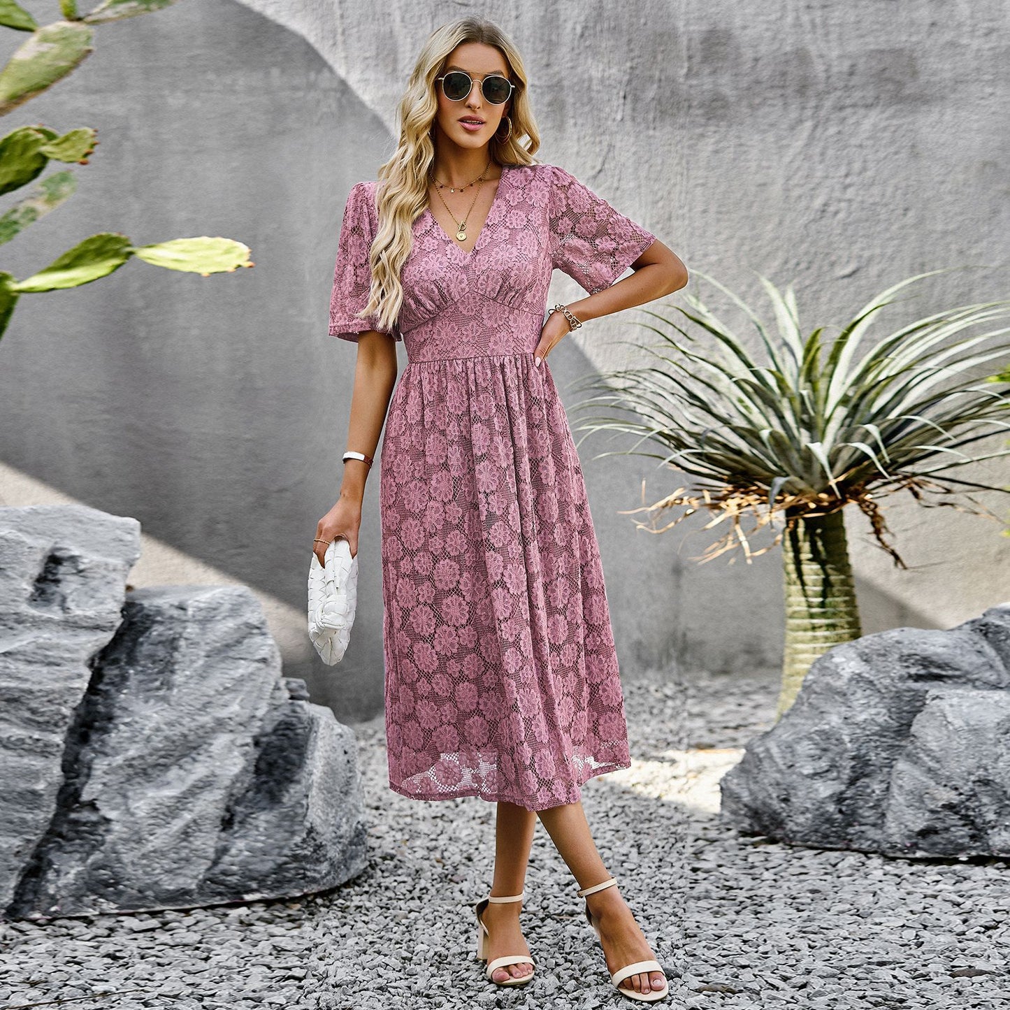 Elegant V-Neck Lace Floral Midi Dress for Women