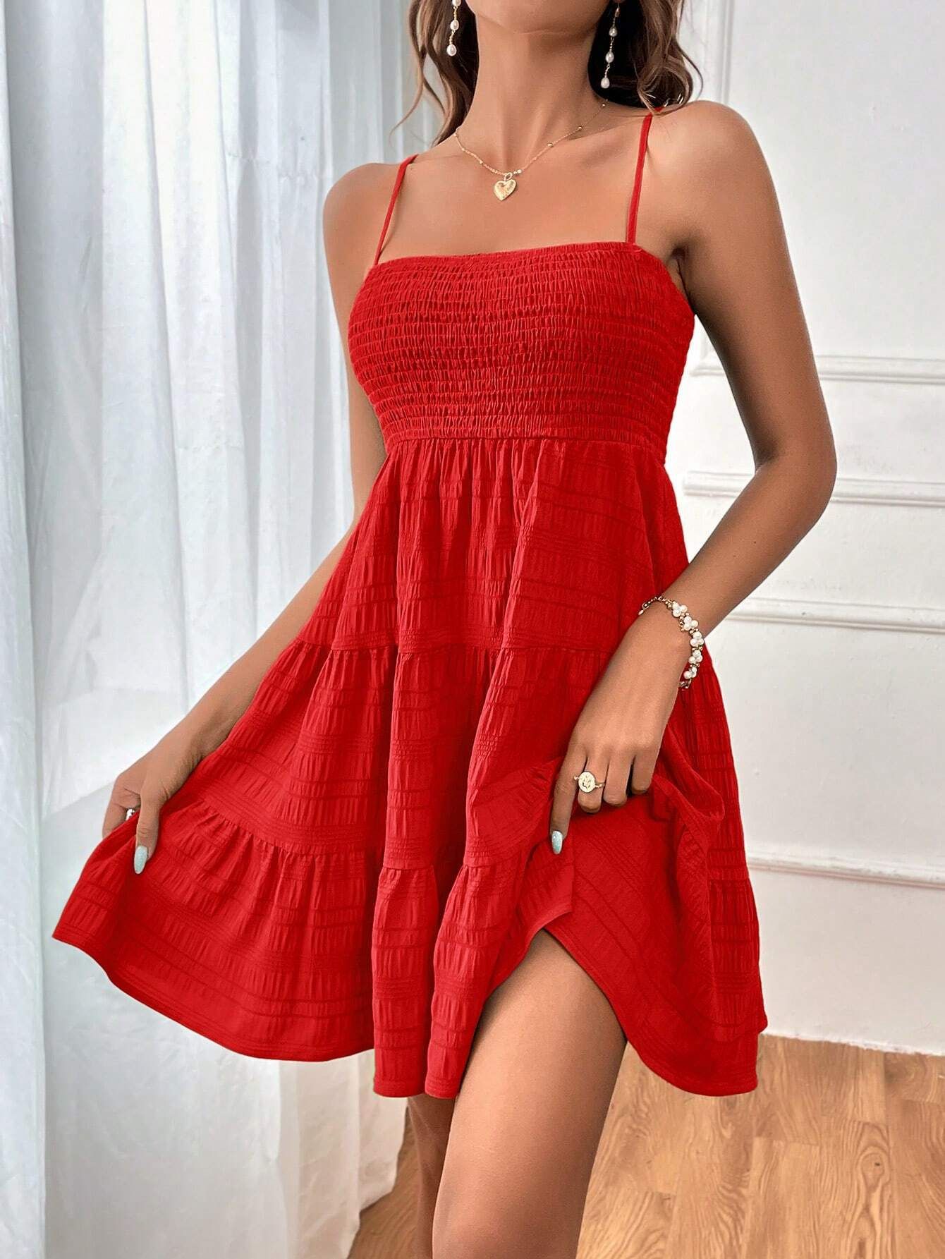 Square Neck Pleated A-Line Summer Dress for Women