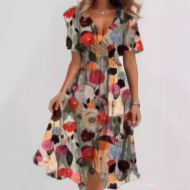 Floral V-Neck A-Line Midi Dress – Lightweight Polyester