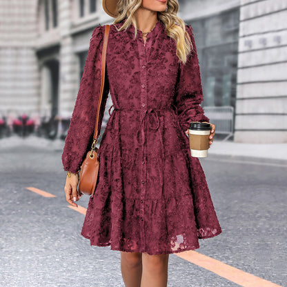 Lace Tie Long Sleeve A-Line Short Dress for Women