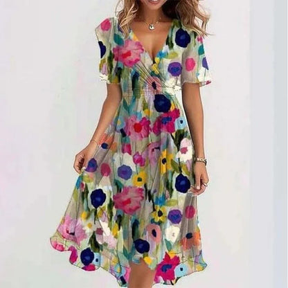 Floral V-Neck A-Line Midi Dress – Lightweight Polyester