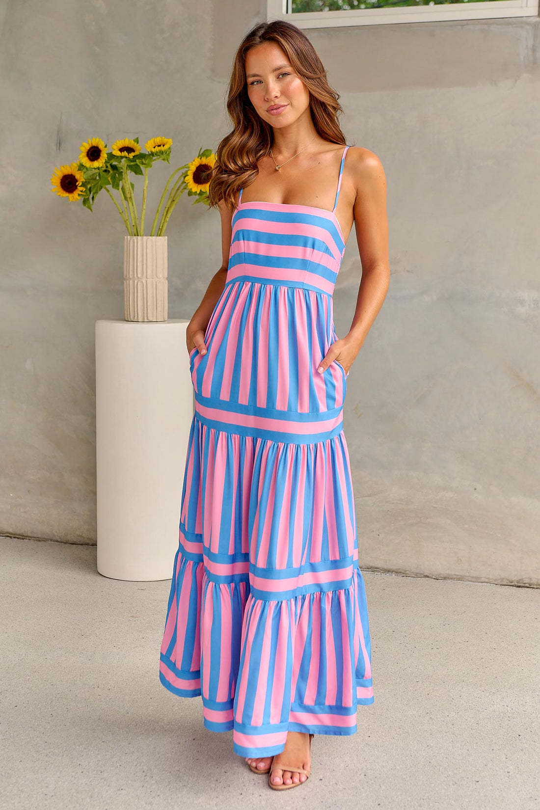 Striped Square Neck Backless Maxi Dress