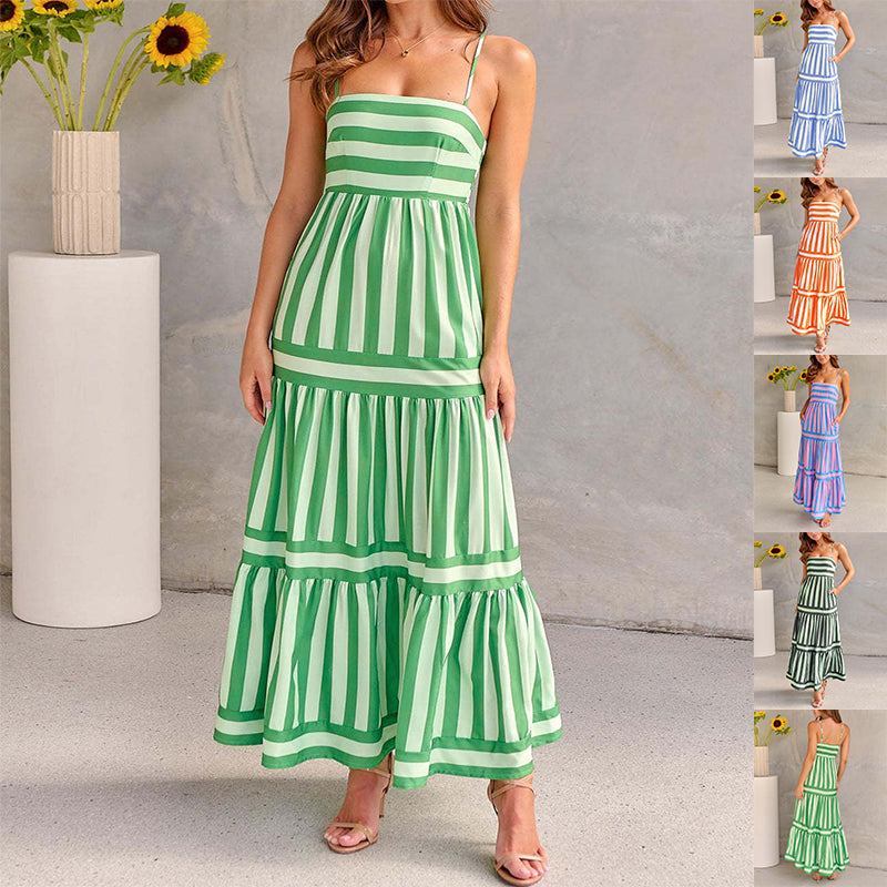 Striped Square Neck Backless Maxi Dress