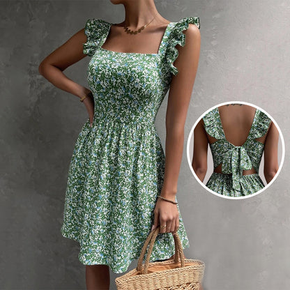 Square Neck Ruffle Backless Summer Dress