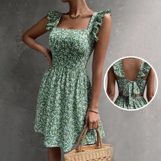 Square Neck Ruffle Backless Summer Dress