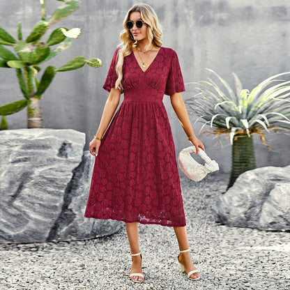 Elegant V-Neck Lace Floral Midi Dress for Women