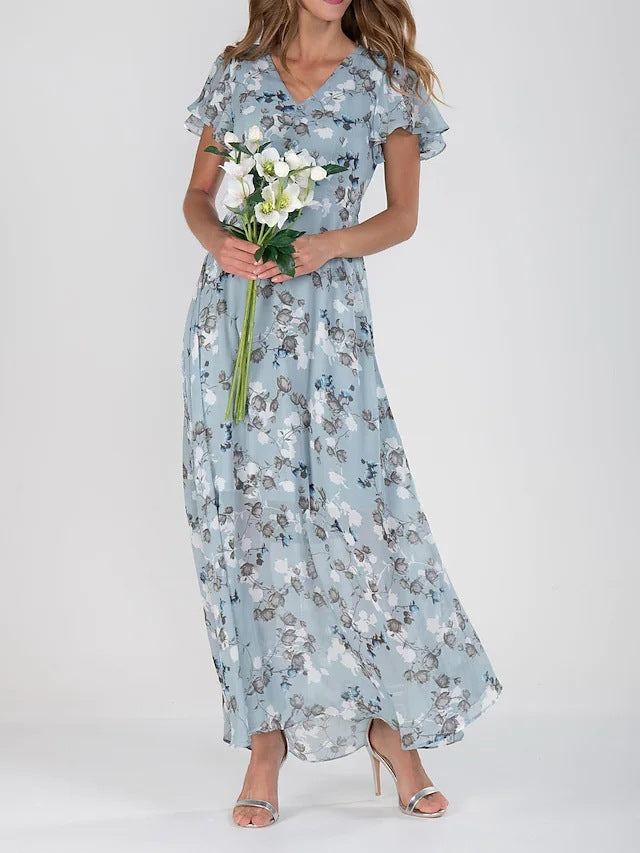 Floral V-Neck Ruffle A-Line Midi Summer Dress