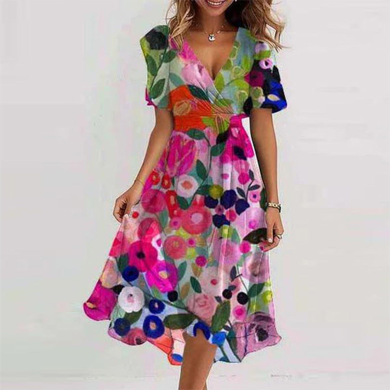 Floral V-Neck A-Line Midi Dress – Lightweight Polyester