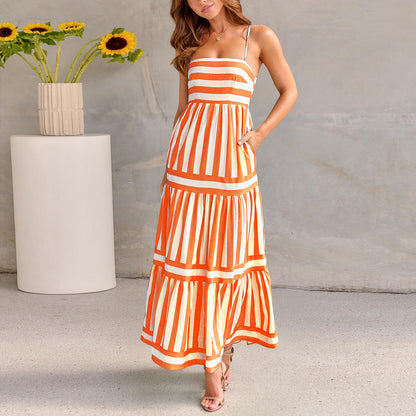 Striped Square Neck Backless Maxi Dress
