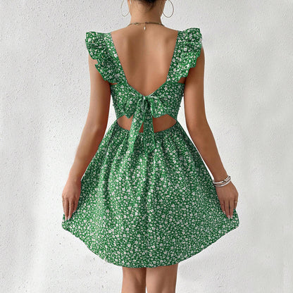 Square Neck Ruffle Backless Summer Dress