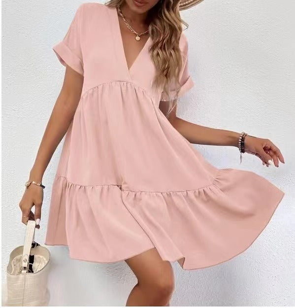 Women's V-Neck Ruffle Babydoll Mini Summer Dress