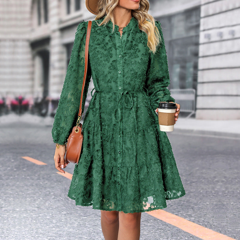 Lace Tie Long Sleeve A-Line Short Dress for Women