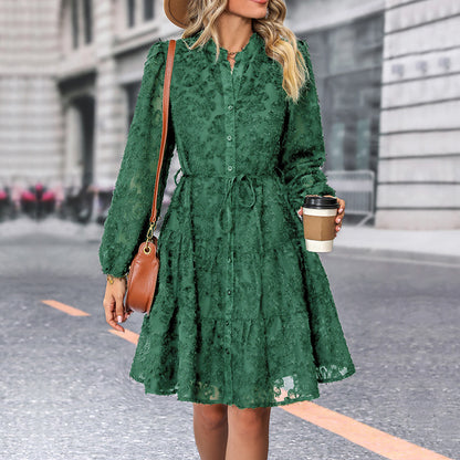 Lace Tie Long Sleeve A-Line Short Dress for Women