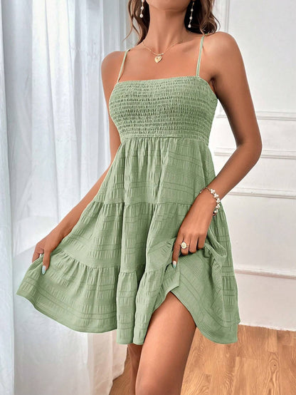 Square Neck Pleated A-Line Summer Dress for Women