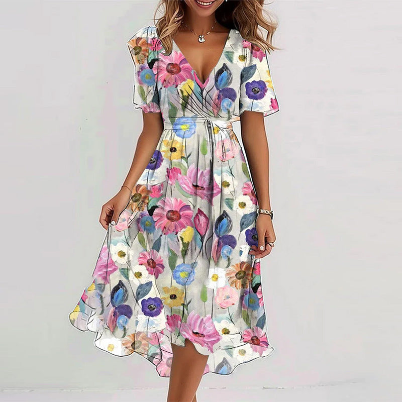 Floral V-Neck A-Line Midi Dress – Lightweight Polyester