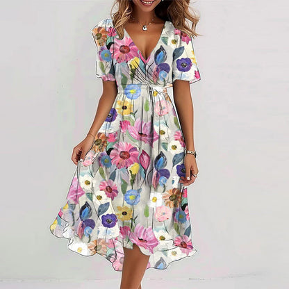 Floral V-Neck A-Line Midi Dress – Lightweight Polyester