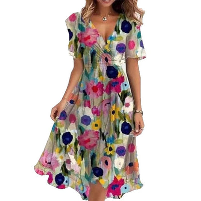 Floral V-Neck A-Line Midi Dress – Lightweight Polyester