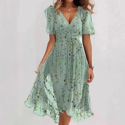 Floral V-Neck A-Line Midi Dress – Lightweight Polyester