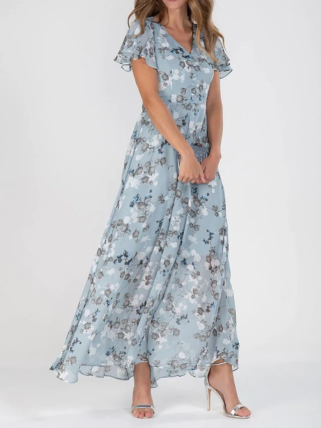Floral V-Neck Ruffle A-Line Midi Summer Dress