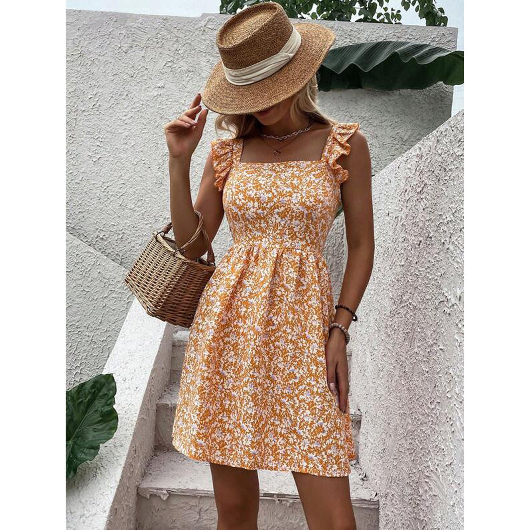 Square Neck Ruffle Backless Summer Dress