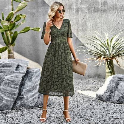 Elegant V-Neck Lace Floral Midi Dress for Women