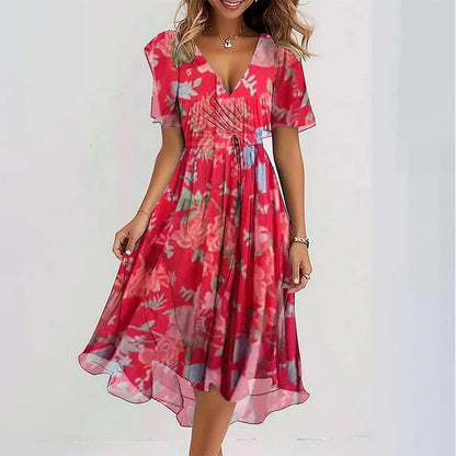 Floral V-Neck A-Line Midi Dress – Lightweight Polyester