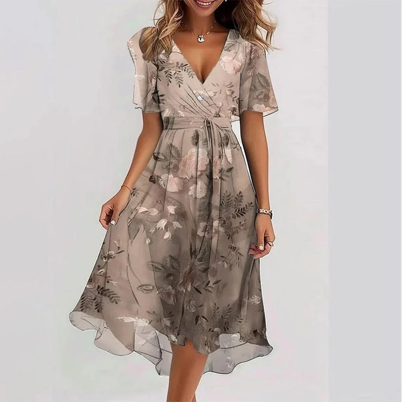 Floral V-Neck A-Line Midi Dress – Lightweight Polyester