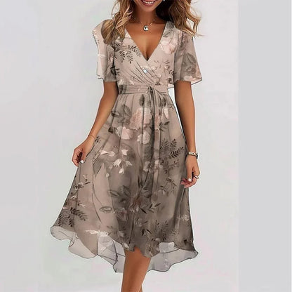 Floral V-Neck A-Line Midi Dress – Lightweight Polyester