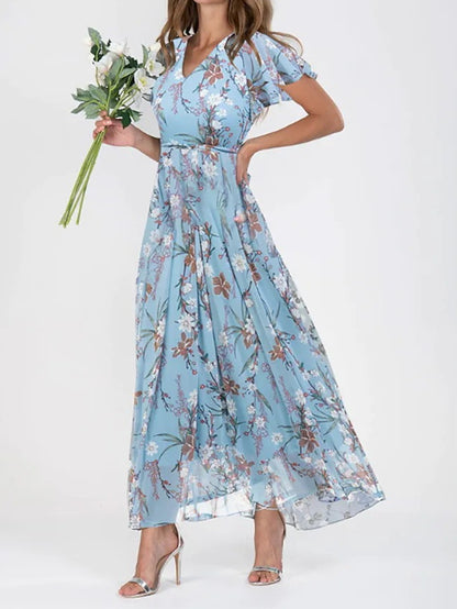 Floral V-Neck Ruffle A-Line Midi Summer Dress