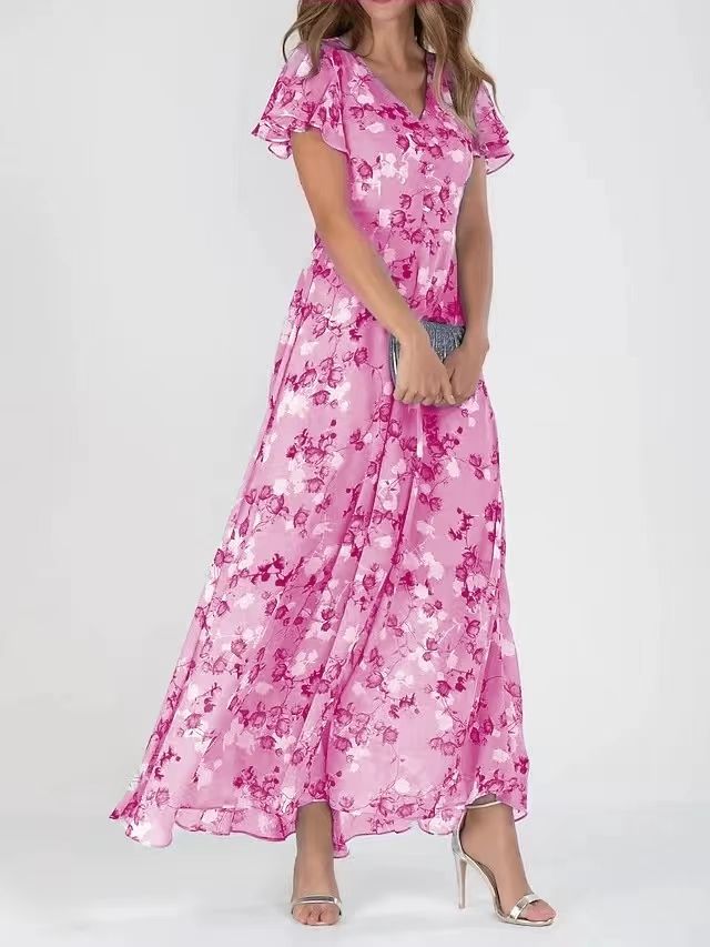 Floral V-Neck Ruffle A-Line Midi Summer Dress