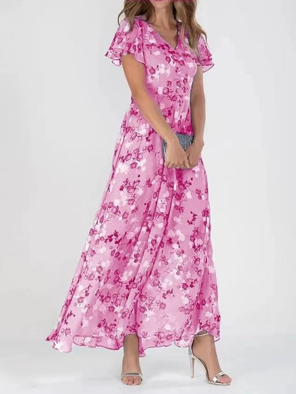 Floral V-Neck Ruffle A-Line Midi Summer Dress